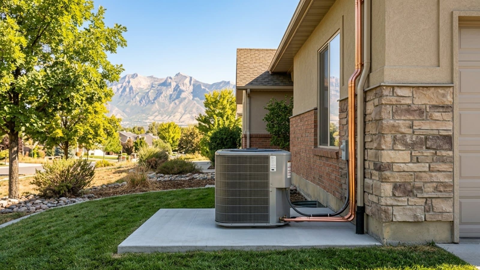 Newly installed AC condenser with fresh copper lineset on a stucco-and-stone home with Wasatch Mountain views in Salt Lake City, Utah