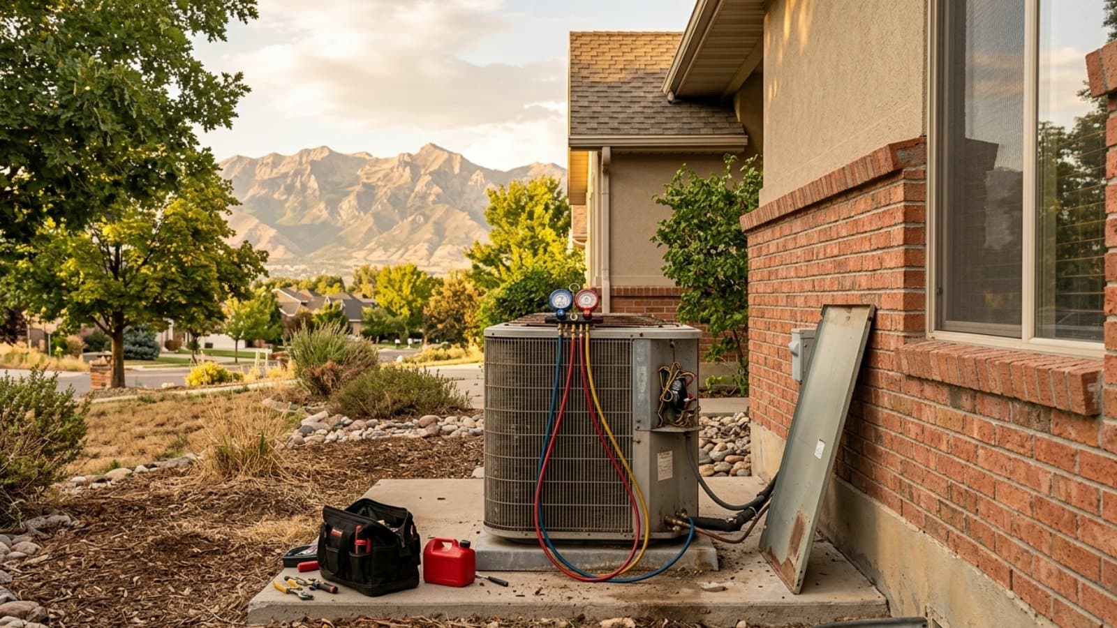 AC condenser undergoing a refrigerant pressure check with manifold gauges at sunset with Wasatch Mountain views in Salt Lake City, Utah