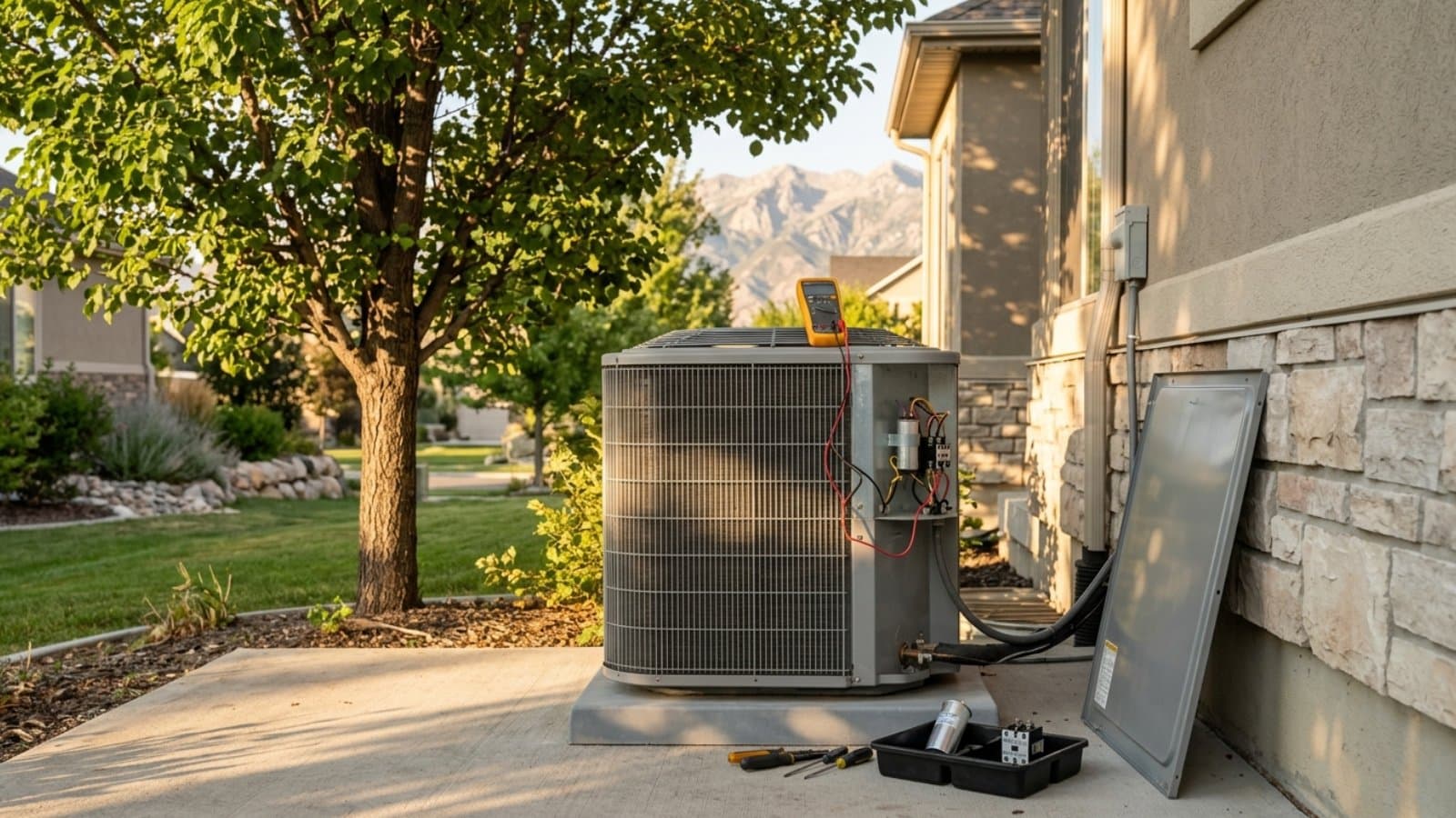 AC condenser with access panel removed and a yellow multimeter on top during a full unit diagnostic call in Salt Lake City, Utah