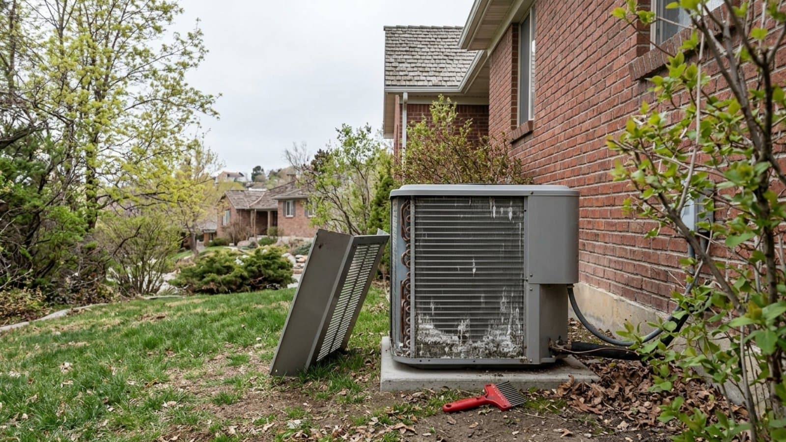 AC condenser with the service panel removed during a maintenance call at a brick suburban home in Bountiful, Utah