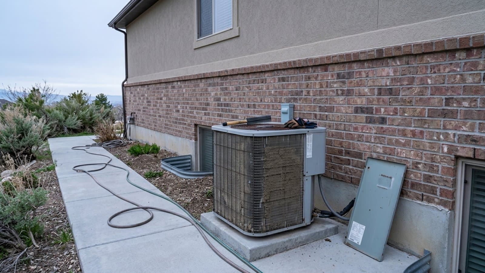 Older AC condenser ready for maintenance in the side yard of a brick two-story home below the Wasatch foothills in Draper, Utah