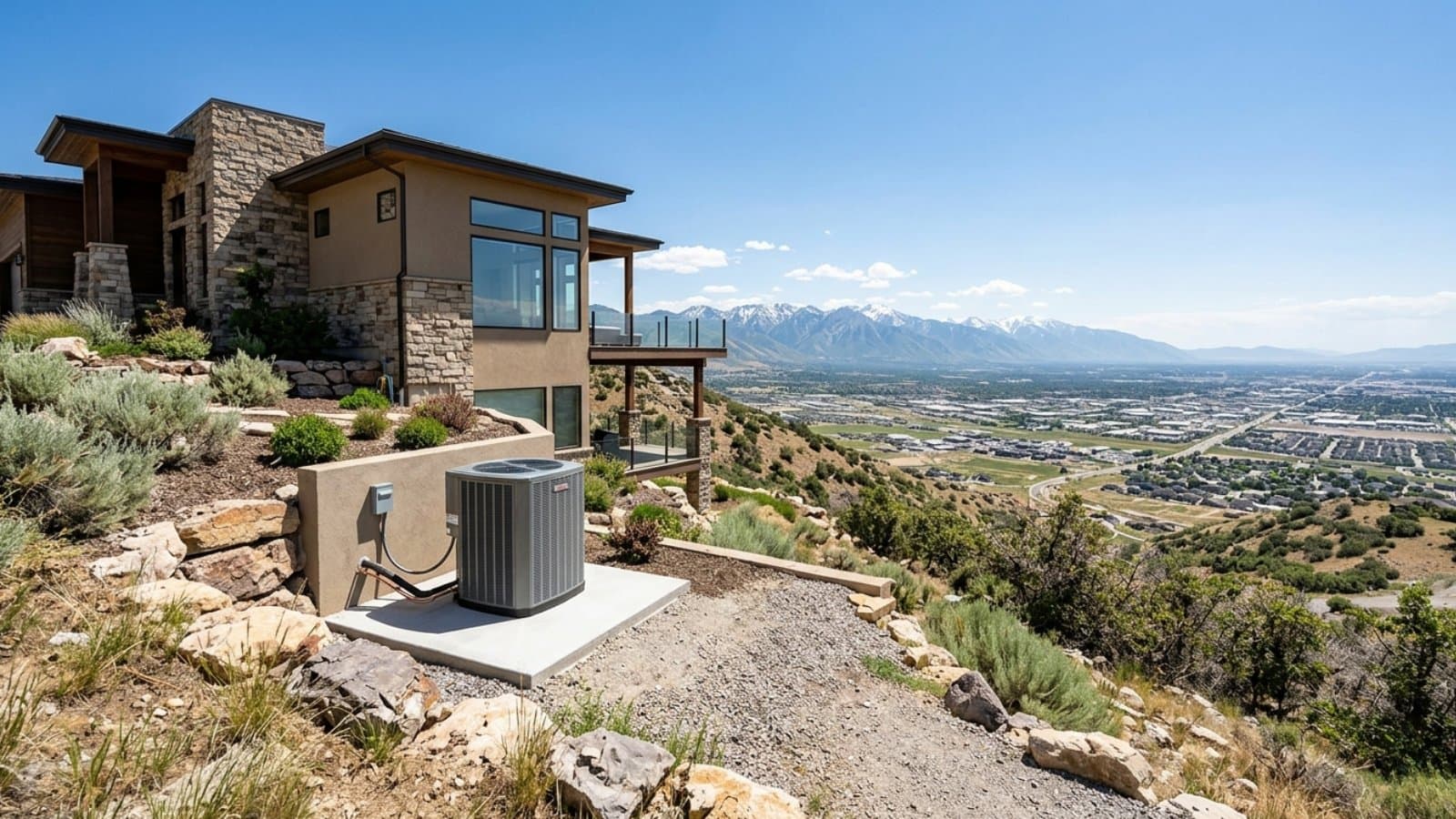 New AC condenser on the hillside terrace of a luxury home with sweeping Wasatch and Salt Lake Valley views in Herriman, Utah
