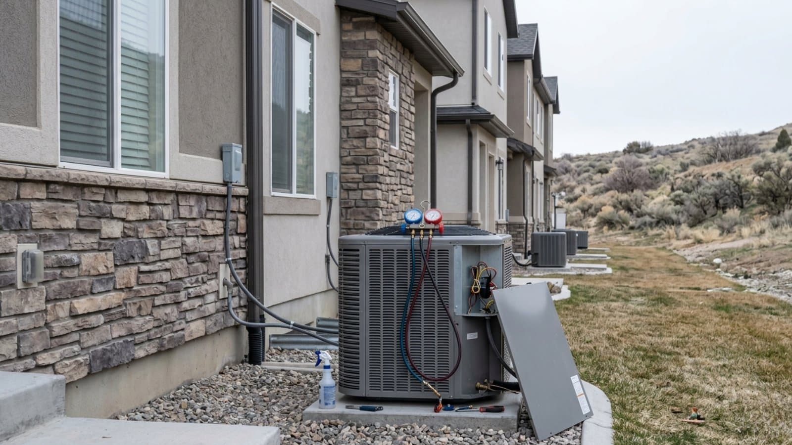AC condenser with refrigerant gauges hooked up during a maintenance recharge at a stucco townhome below the foothills in Herriman, Utah
