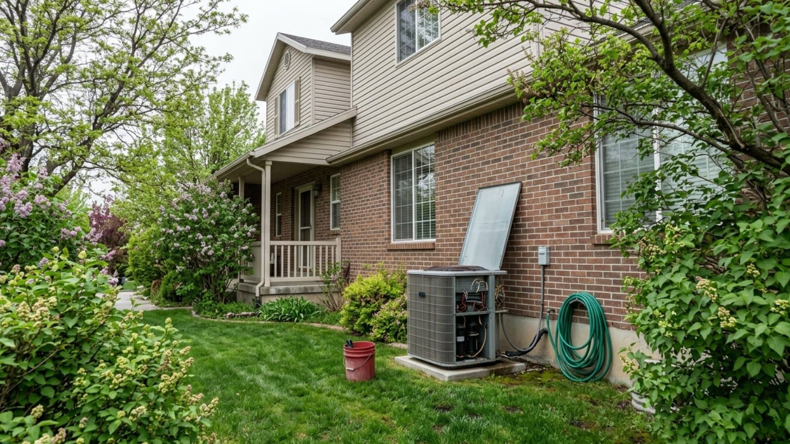 AC condenser receiving a maintenance tune-up beside a brick two-story home with lilac bushes in Layton, Utah