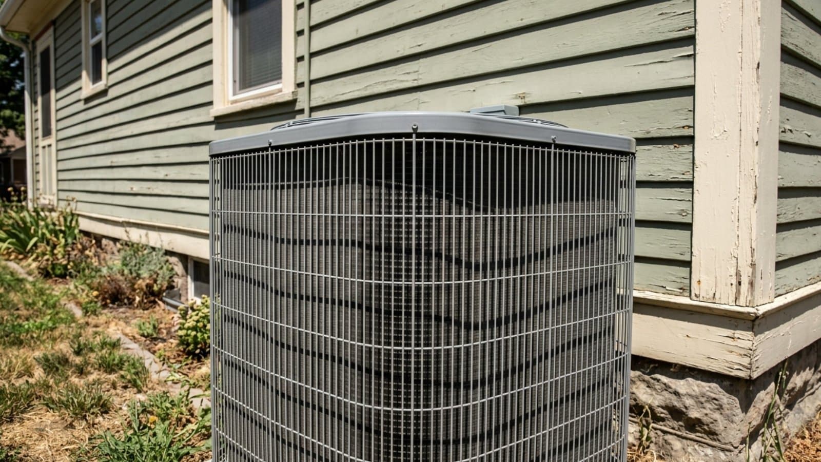 Worn AC condenser awaiting repair against the vintage green clapboard siding of an older home in Midvale, Utah
