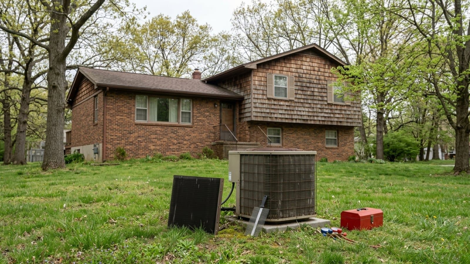 AC condenser with access panel removed and toolbox set up during a maintenance call at a brick split-level home in Murray, Utah