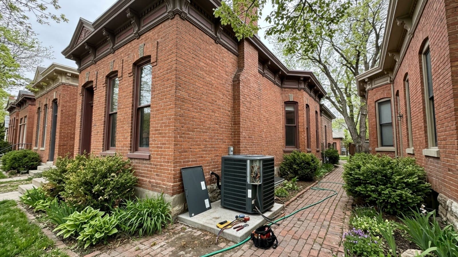AC condenser with access panel removed during a maintenance visit beside an Italianate brick row home in historic Ogden, Utah