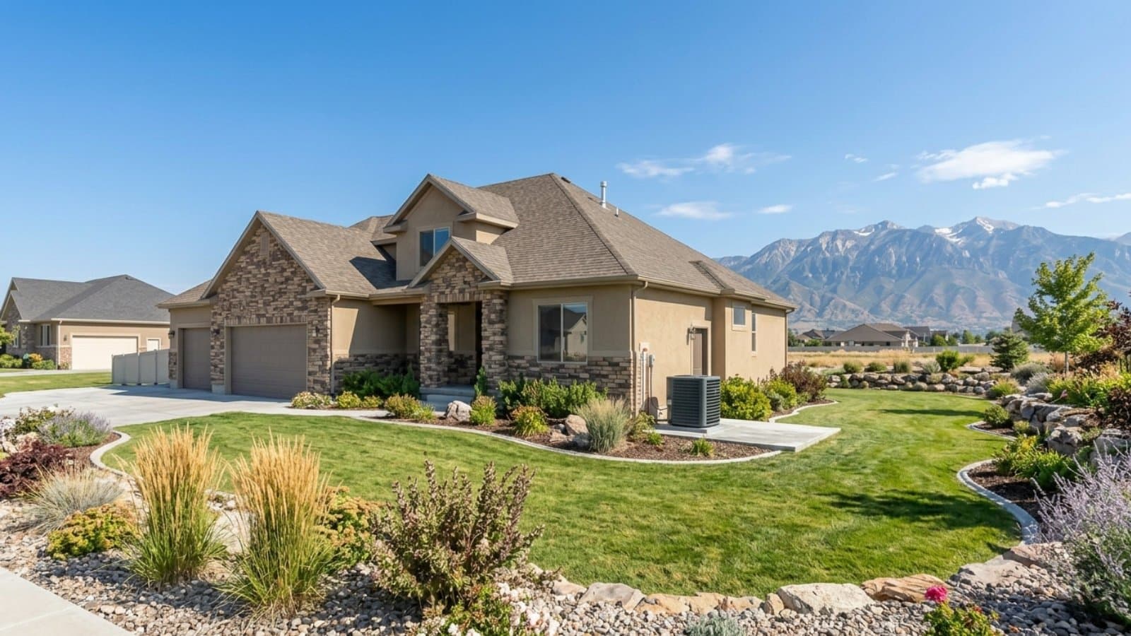 AC condenser receiving a tune-up at a custom stone-and-stucco rambler with xeriscape landscaping and Wasatch views in Riverton, Utah