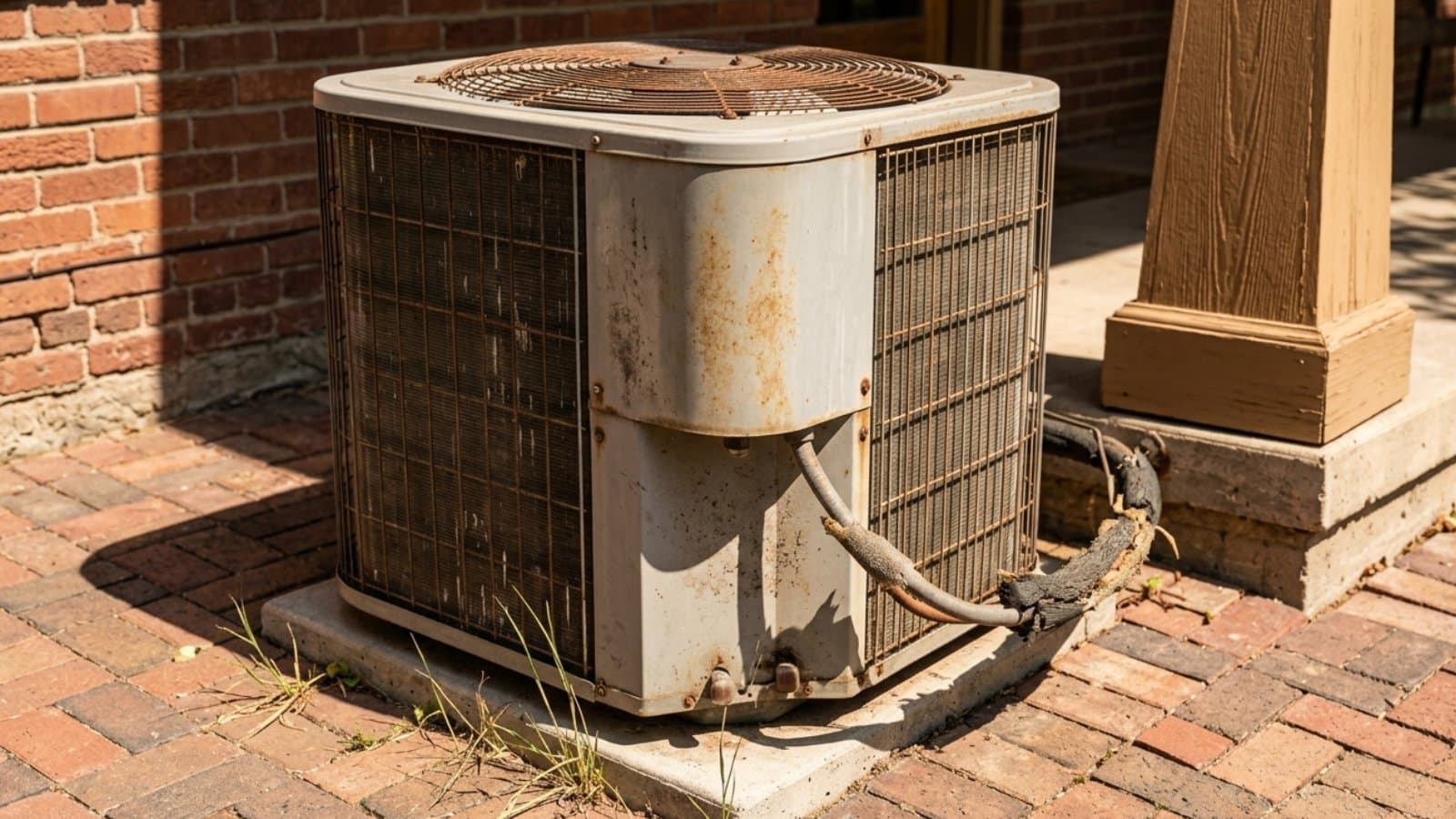 Close-up of an aging AC condenser on a brick paver pad receiving a maintenance inspection at a historic brick home in Salt Lake City, Utah