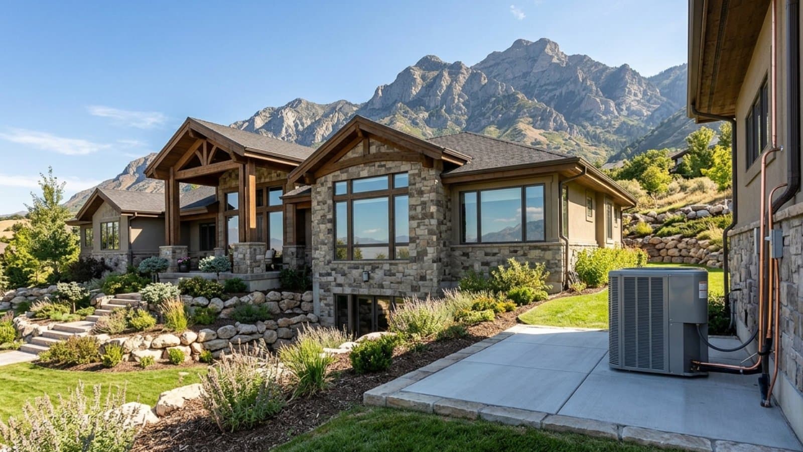 New AC condenser on the patio of a stone-and-timber luxury hillside home with sweeping Wasatch Mountain views in Sandy, Utah