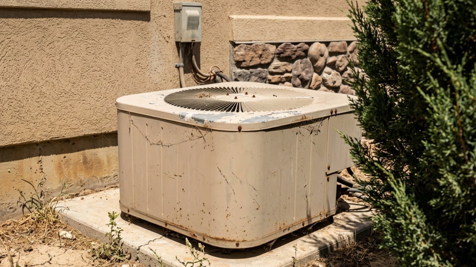 Older AC condenser needing repair beside a tan stucco home with stacked stone foundation and juniper landscaping in Sandy, Utah