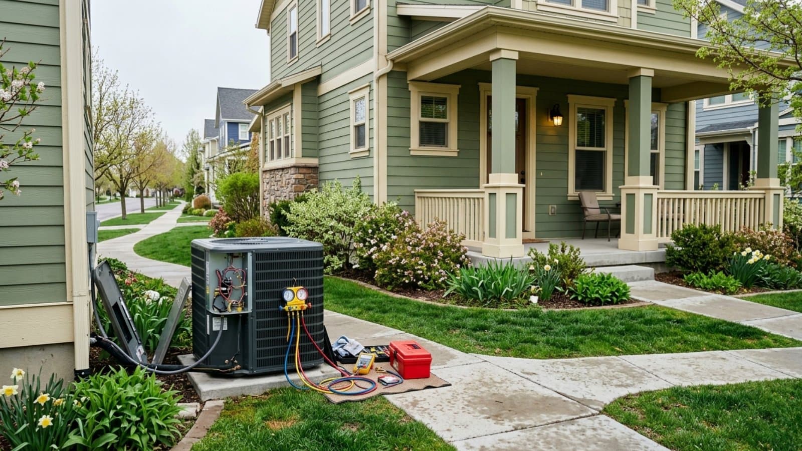 AC condenser with manifold gauges hooked up during a maintenance service call at a Daybreak craftsman home in South Jordan, Utah