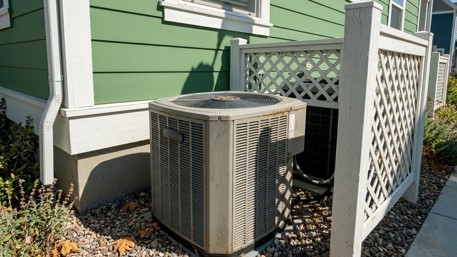 Aging AC condenser tucked behind a white lattice privacy screen at a green craftsman home in South Jordan, Utah