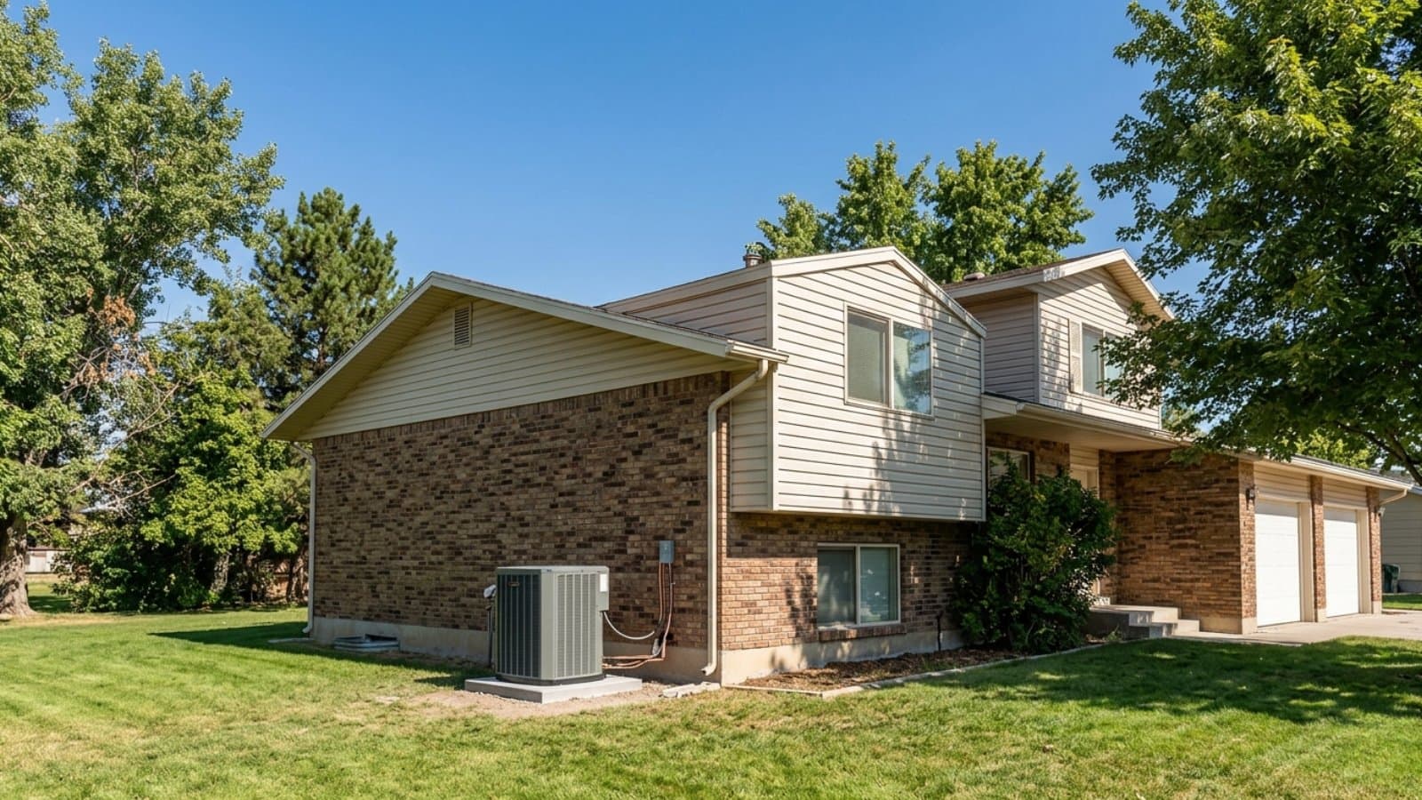 Newly installed AC condenser on the corner pad of a split-level brick and tan-siding home in Taylorsville, Utah
