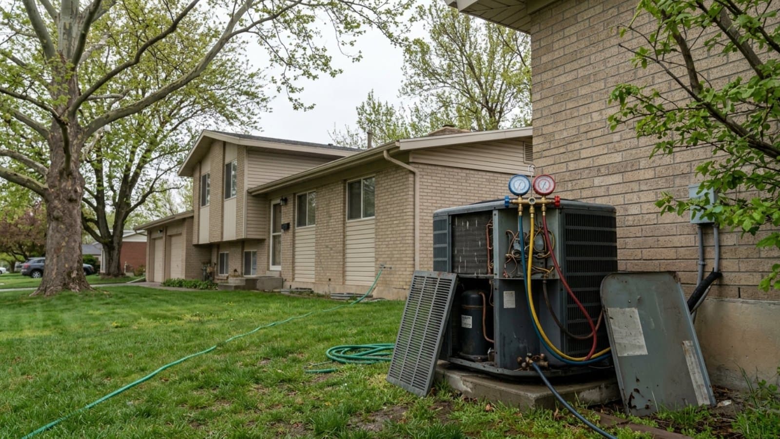 AC condenser with manifold gauges connected during a maintenance check at a split-level brick home in Taylorsville, Utah