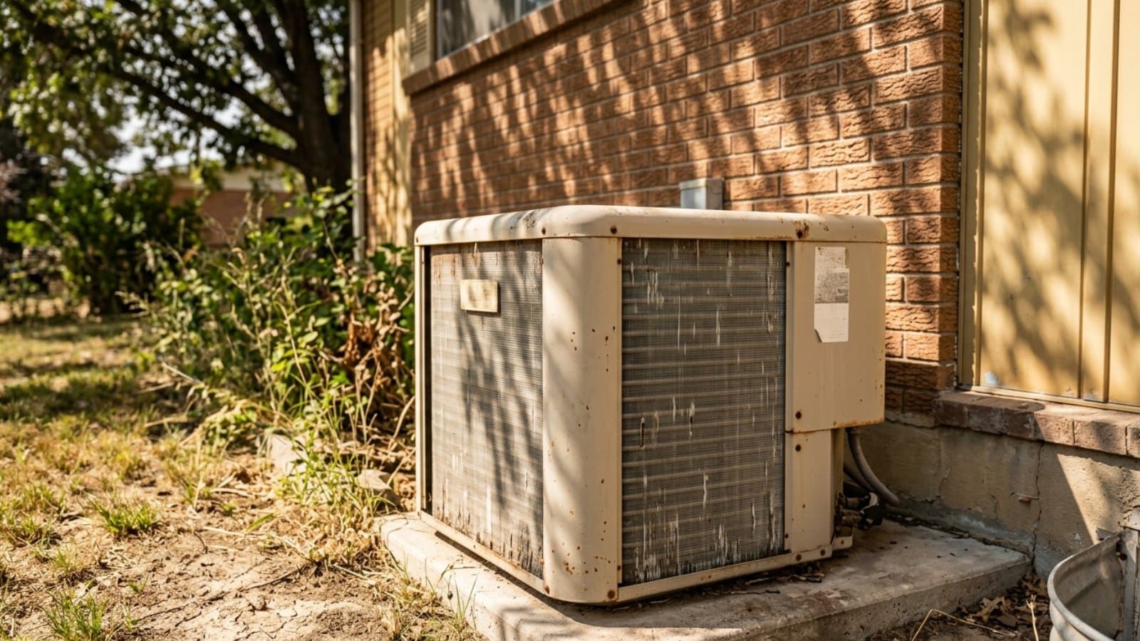 Aging beige package-style AC unit needing repair surrounded by overgrown weeds beside a brick-and-vinyl home in Taylorsville, Utah