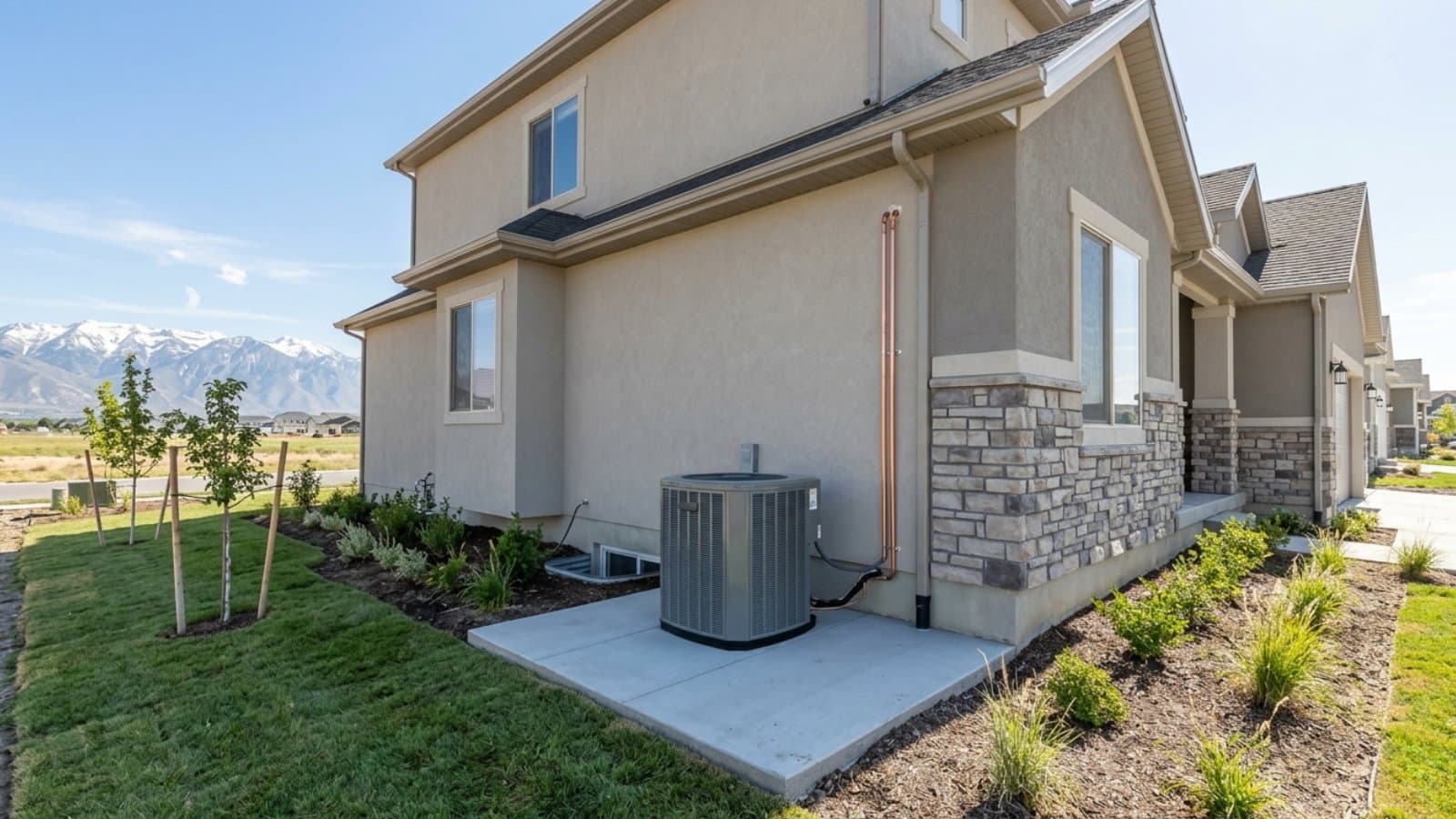 New AC condenser on a fresh concrete pad beside a stucco-and-stone home with snow-capped mountains behind it in West Jordan, Utah