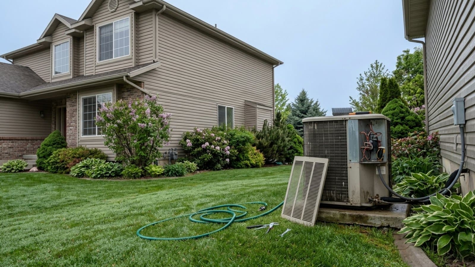 AC condenser with access panel removed during a maintenance service call at a tan vinyl-sided home with lush lawn in West Jordan, Utah