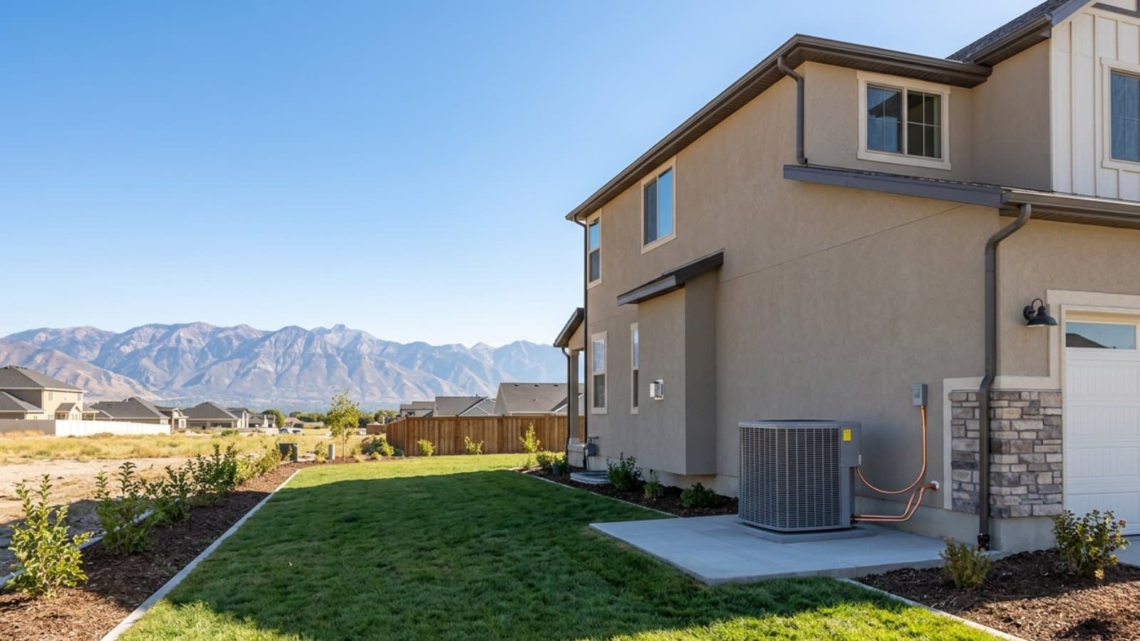 Newly installed AC condenser beside a tan stucco two-story home with fresh sod and Wasatch Mountain views in West Valley City, Utah
