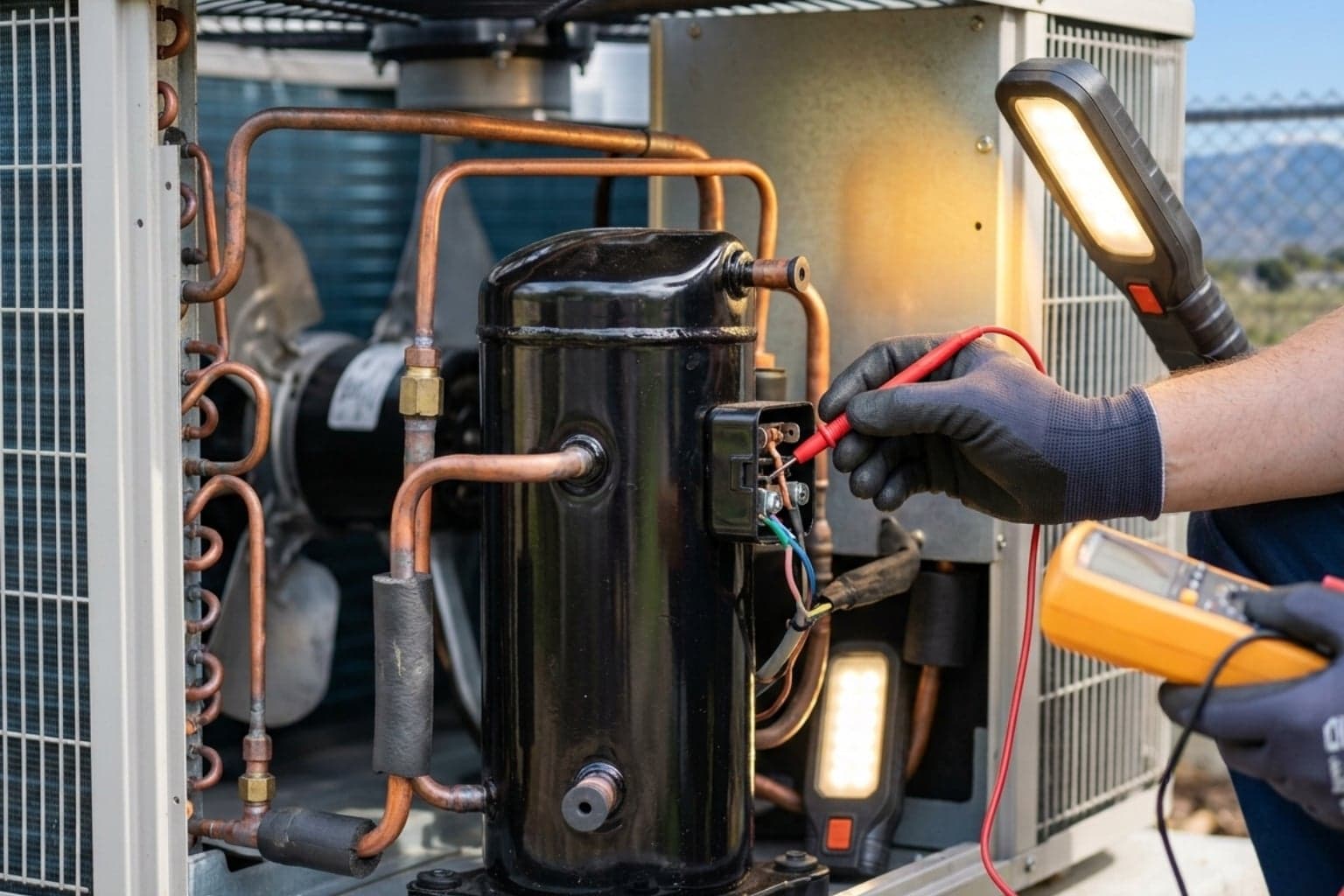 AC compressor and surrounding copper coils tested with a multimeter during a compressor diagnosis