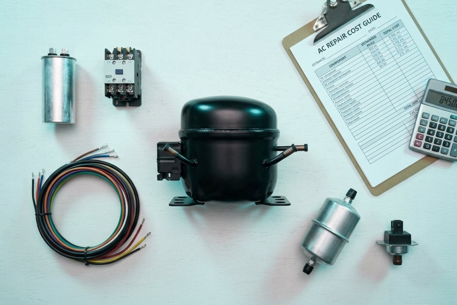 AC compressor, capacitors, wiring, and cost guide laid out for a Salt Lake City repair estimate