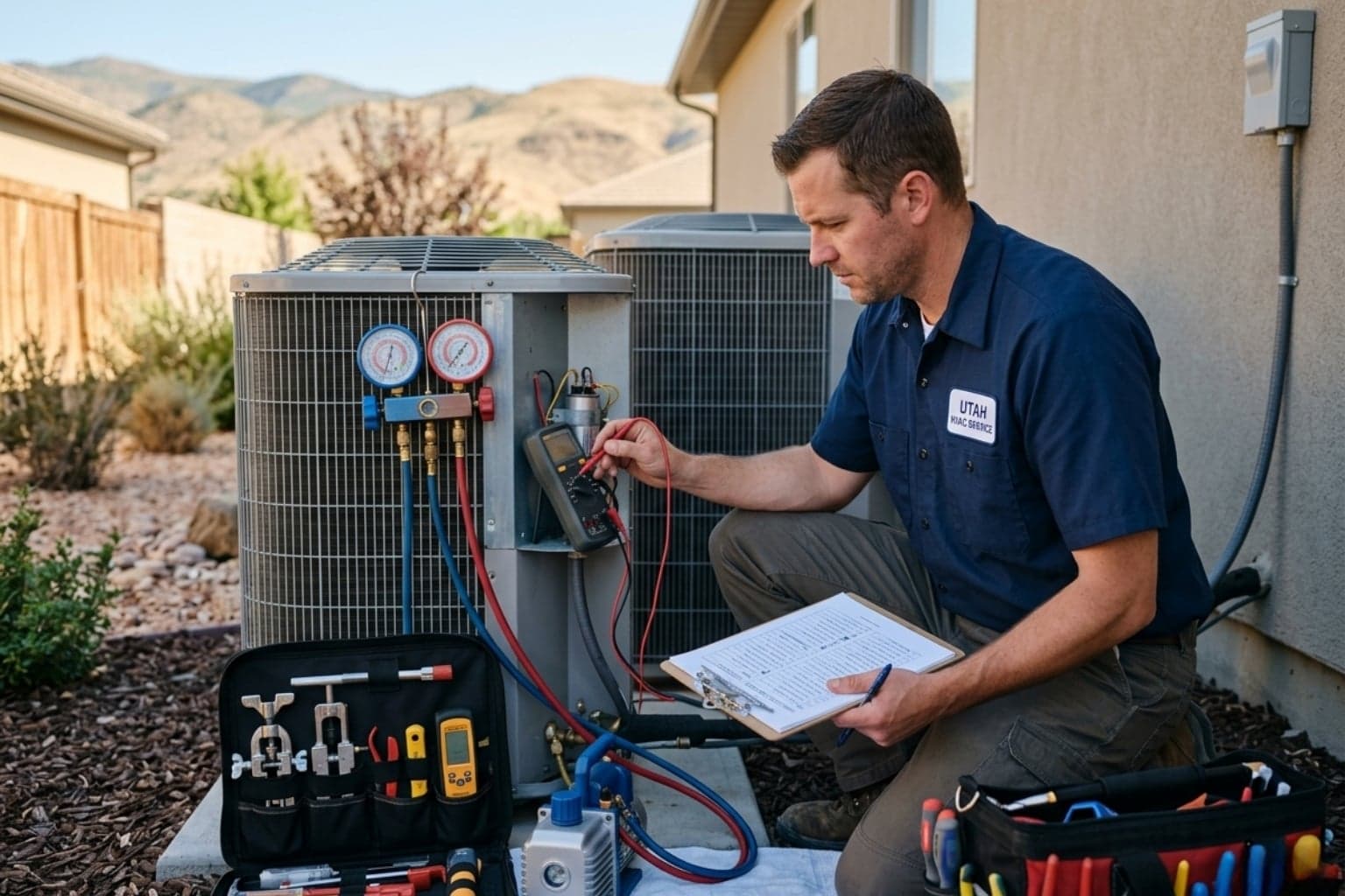On-call 24/7 cooling technician running a late-night diagnostic on a Salt Lake Valley AC system