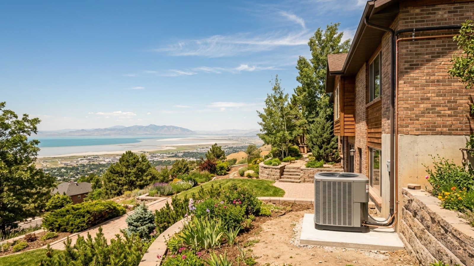 New AC condenser at a bench-level brick home with terraced gardens and panoramic Great Salt Lake views in Bountiful, Utah