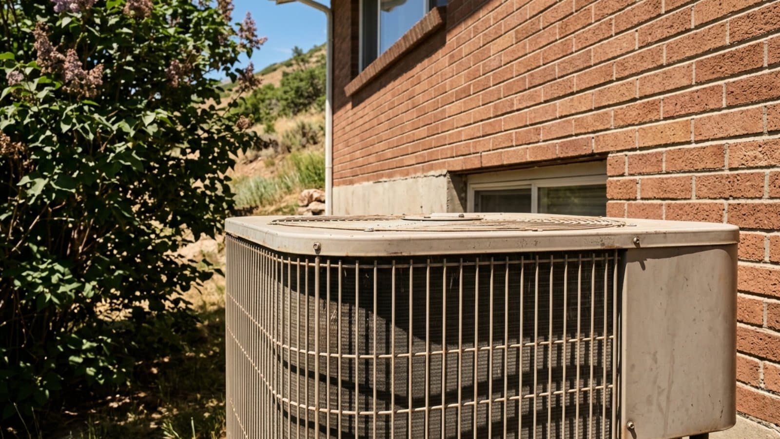 Older AC condenser awaiting repair at the corner of a brick home on the Bountiful bench foothills in Bountiful, Utah