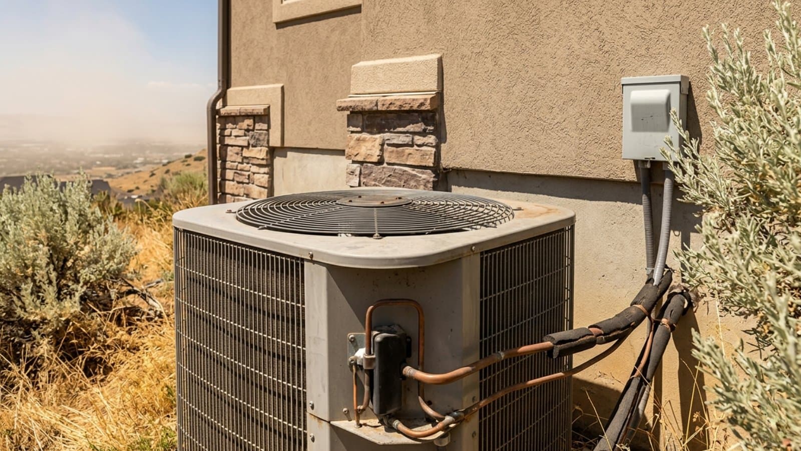 Aging AC condenser at the base of a stucco-and-stone home overlooking the Point of the Mountain sage-brush foothills in Draper, Utah