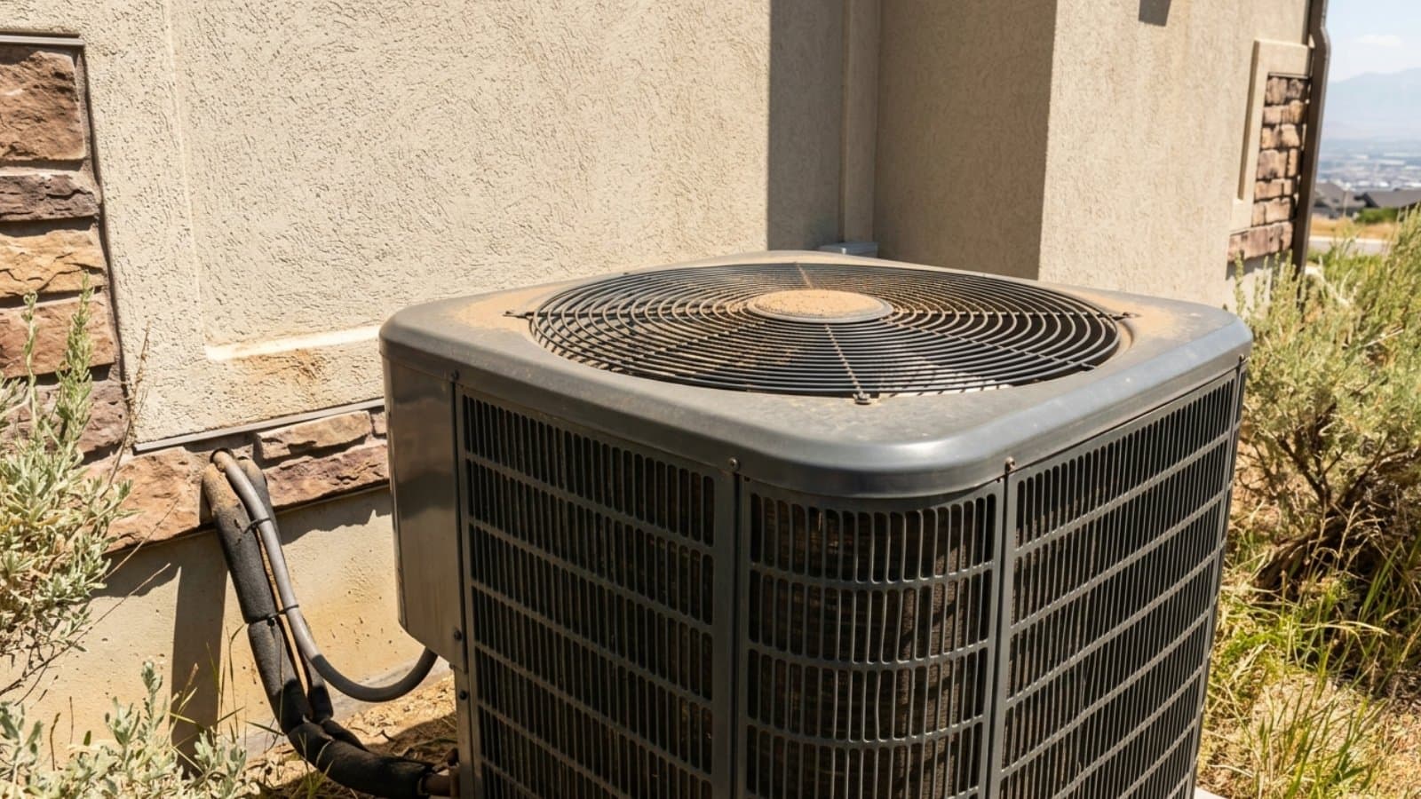 Aging AC condenser ready for repair beside a stucco home overlooking the Rosecrest sage-brush foothills in Herriman, Utah