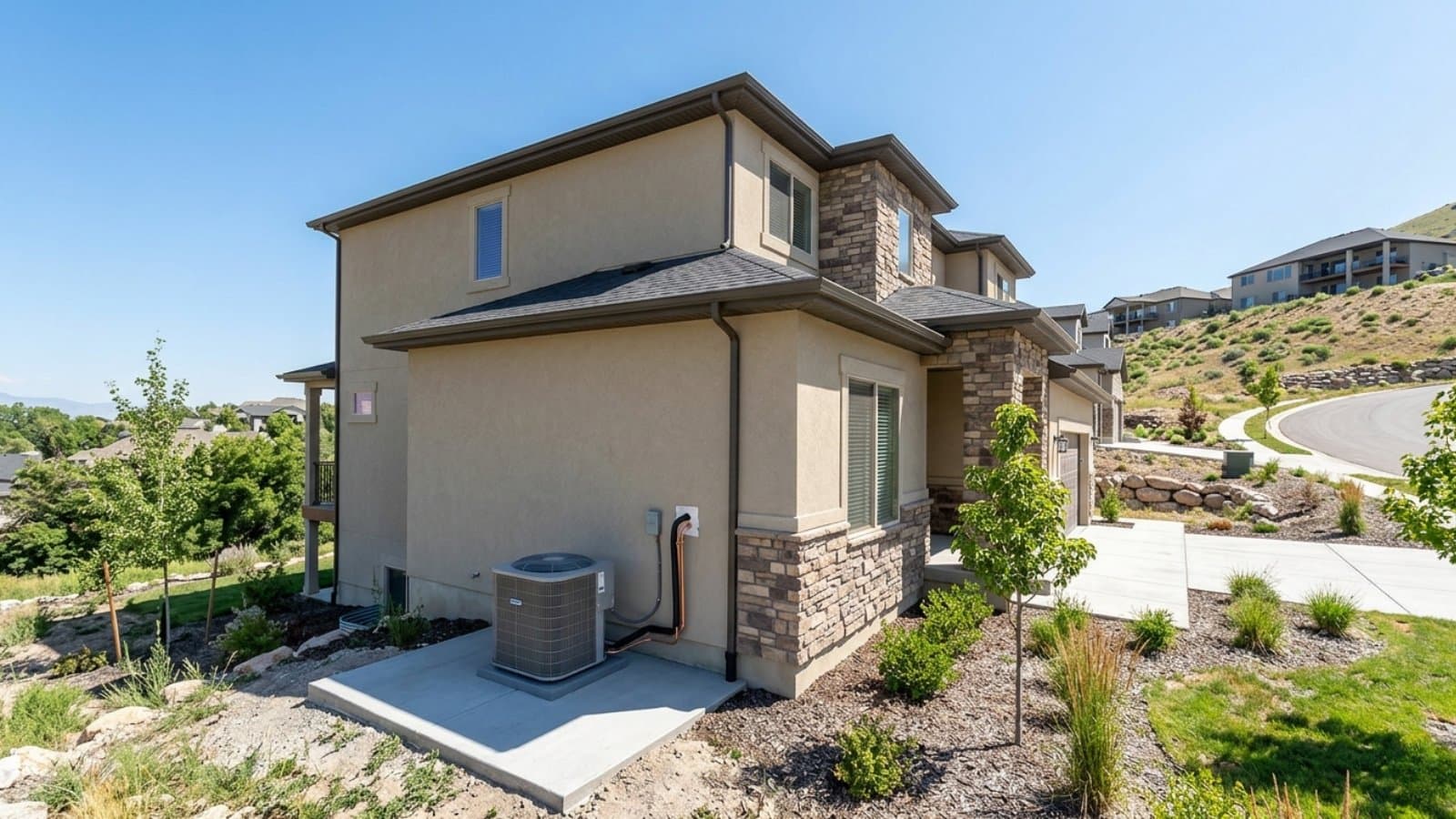 Newly installed AC condenser at the corner of a two-story stucco-and-stone hillside home in Layton, Utah