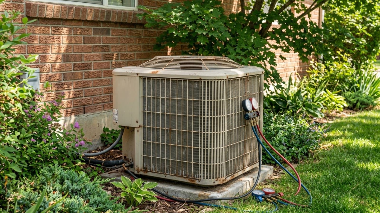 Aging tan AC condenser ready for repair tucked between a brick wall and lush garden shrubbery in Layton, Utah