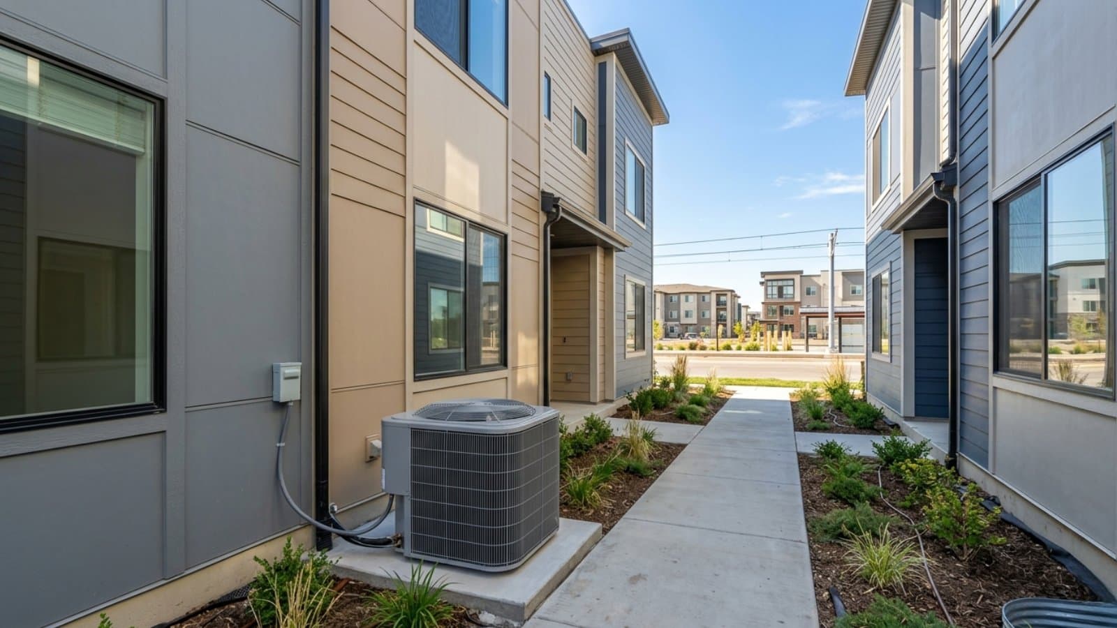 New AC condenser on a walkway concrete pad beside a row of modern stacked-siding townhomes in Midvale, Utah