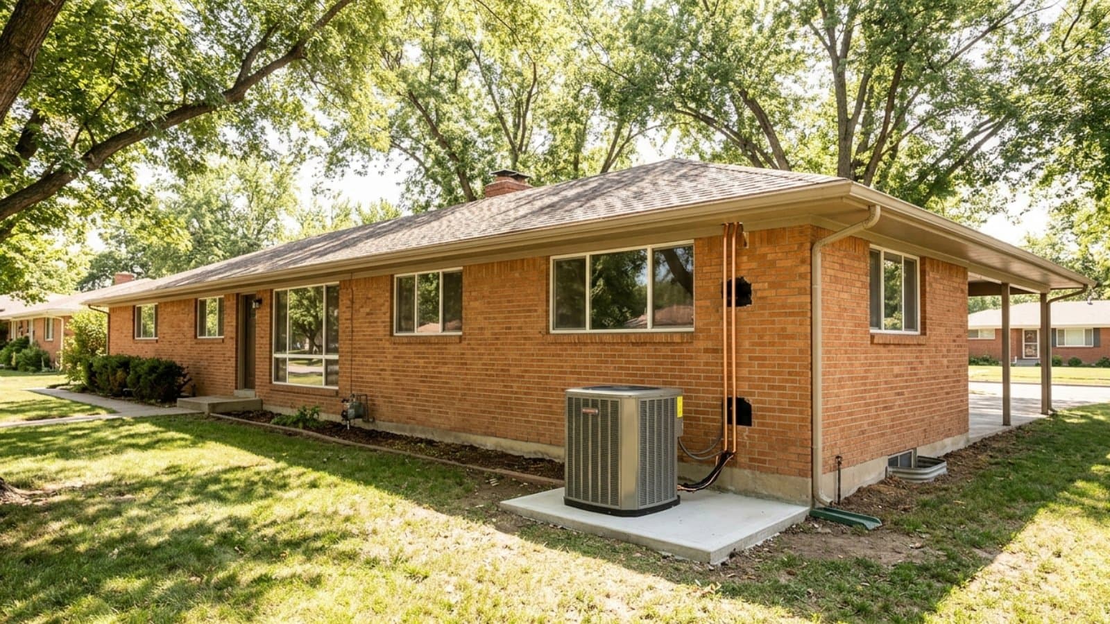 Newly installed AC condenser beside a mid-century brick ranch home shaded by mature trees in Murray, Utah