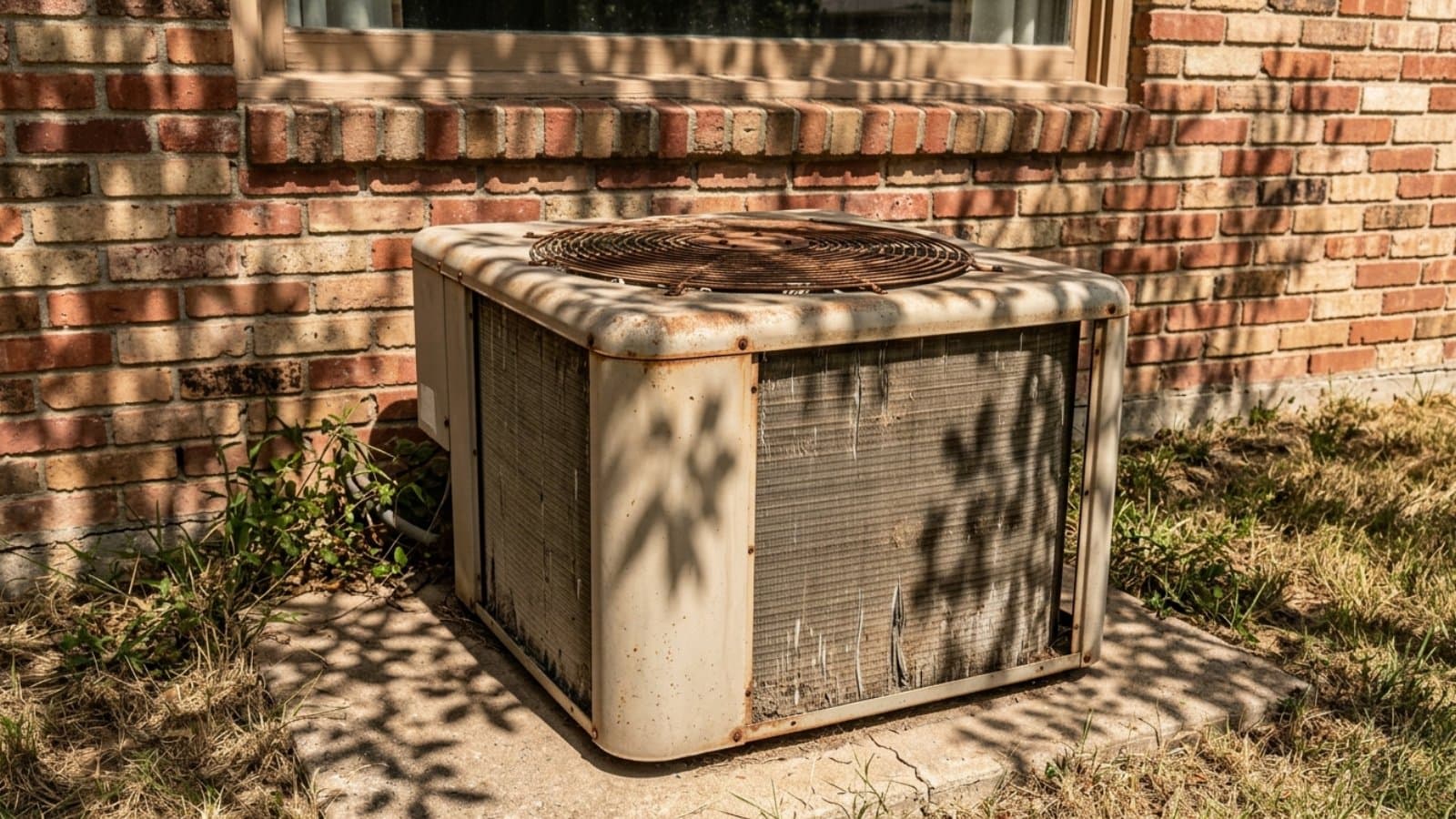 Close-up of an aging AC condenser awaiting repair under a brick foundation window in dappled summer shade in Murray, Utah