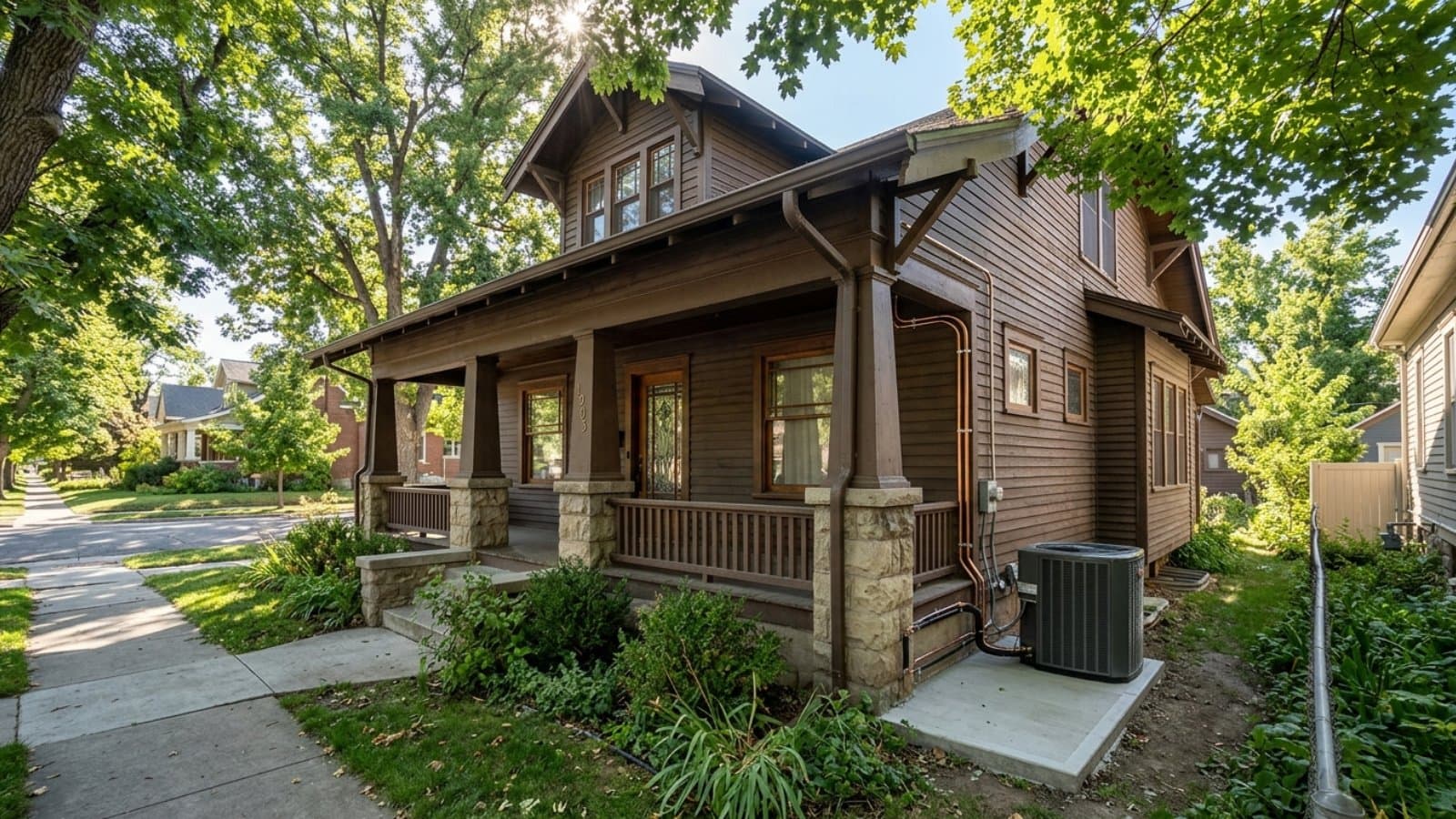Newly installed AC condenser beside a brown-shingle craftsman bungalow with stone porch piers and mature shade trees in Ogden, Utah