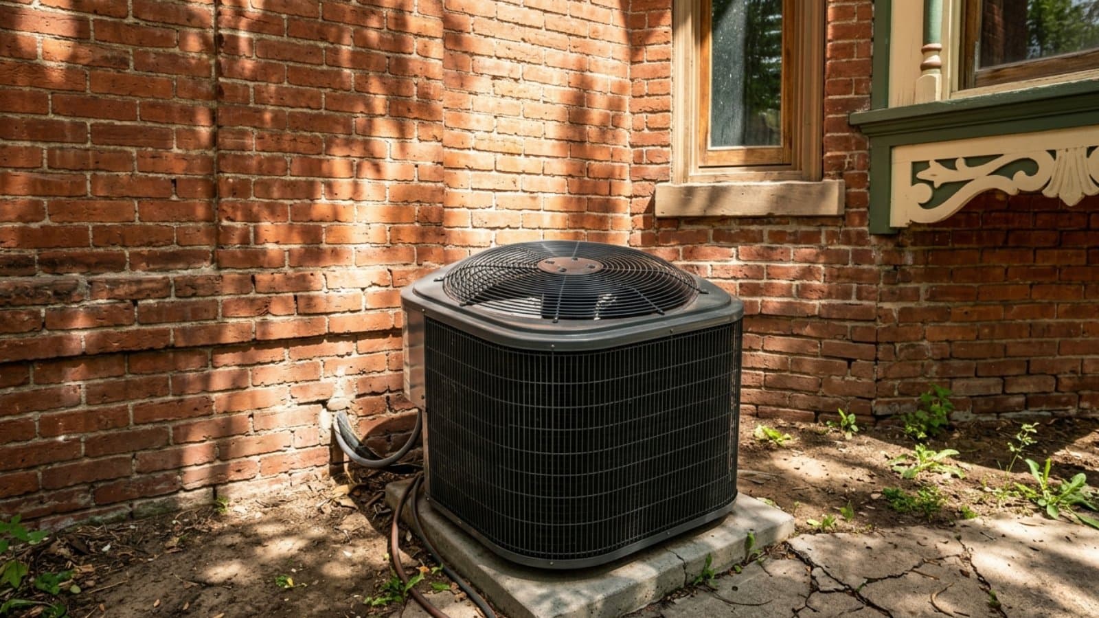 Modern AC condenser awaiting repair against the weathered red brick of a Victorian-era historic home in Ogden, Utah