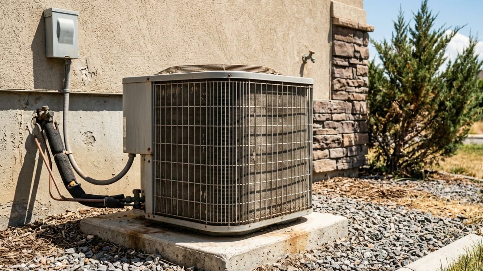 Aging AC condenser ready for repair against the stucco-and-stone exterior of a Riverton, Utah suburban home