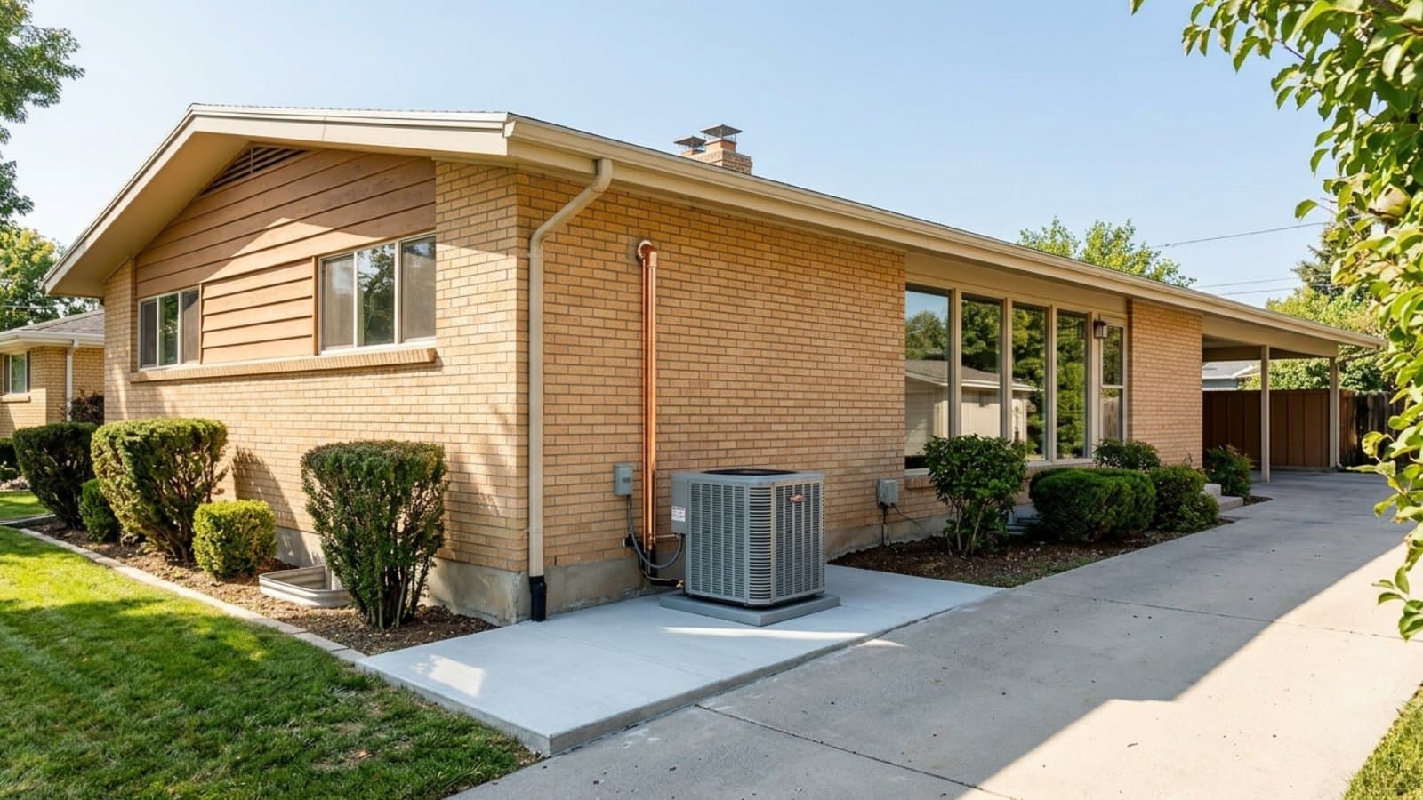 Newly installed modern AC condenser on a concrete pad beside a mid-century yellow brick ranch home in Salt Lake City, Utah