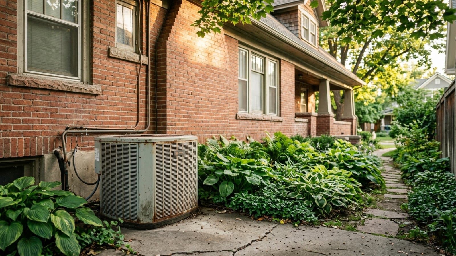 Aging white AC condenser in the side yard of a red brick Craftsman bungalow surrounded by hostas in Salt Lake City, Utah