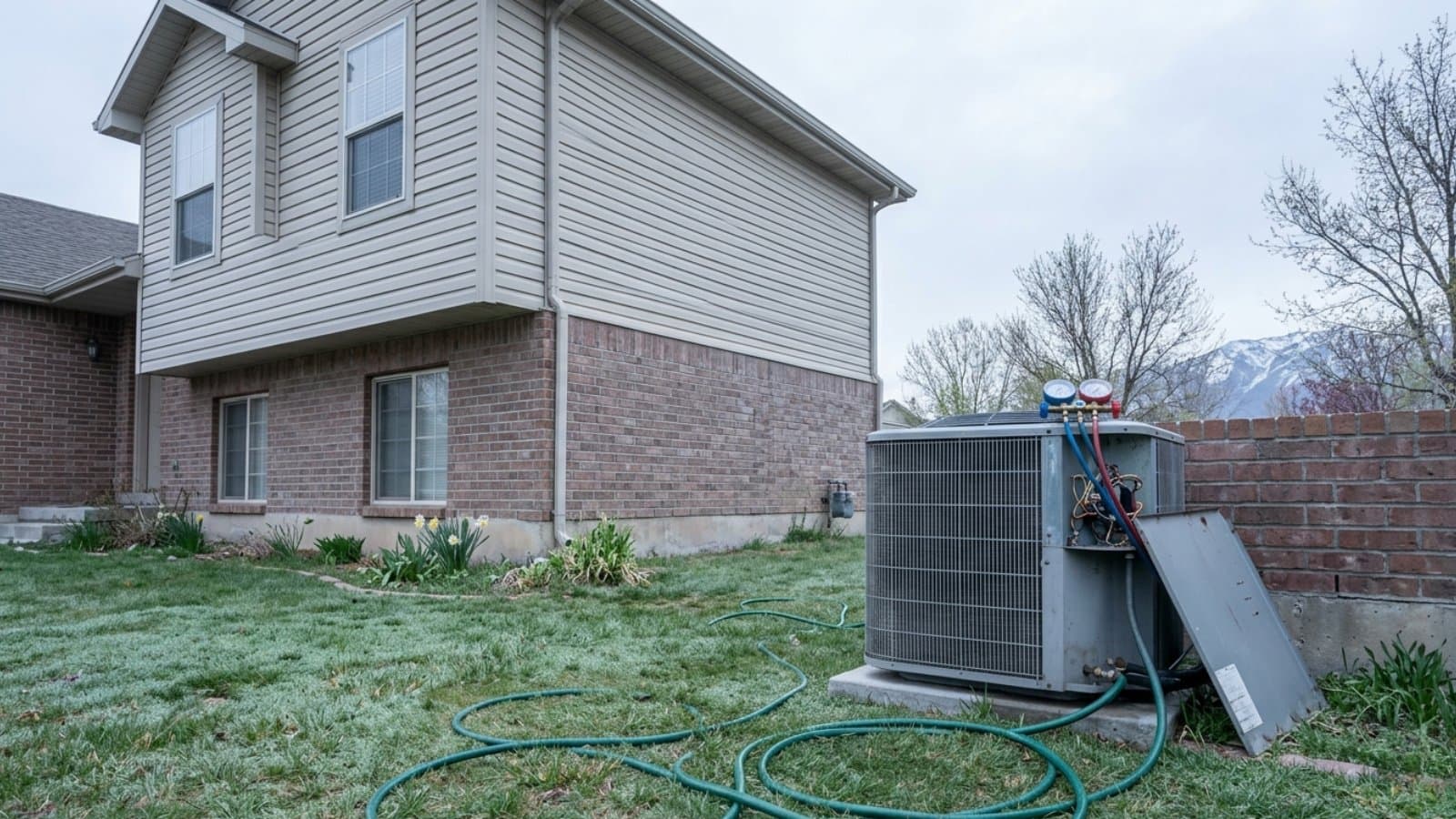 Spring AC maintenance call at a two-story brick and siding home with snow-capped Wasatch peaks behind it in Sandy, Utah