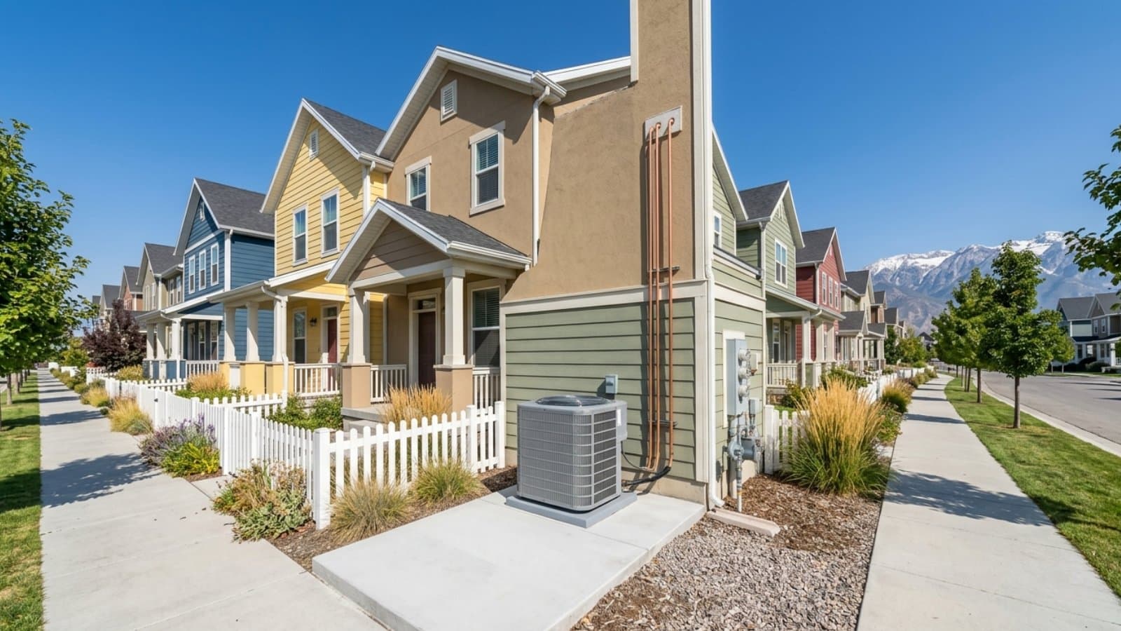 New AC condenser on a corner concrete pad beside a row of colorful Daybreak craftsman homes in South Jordan, Utah