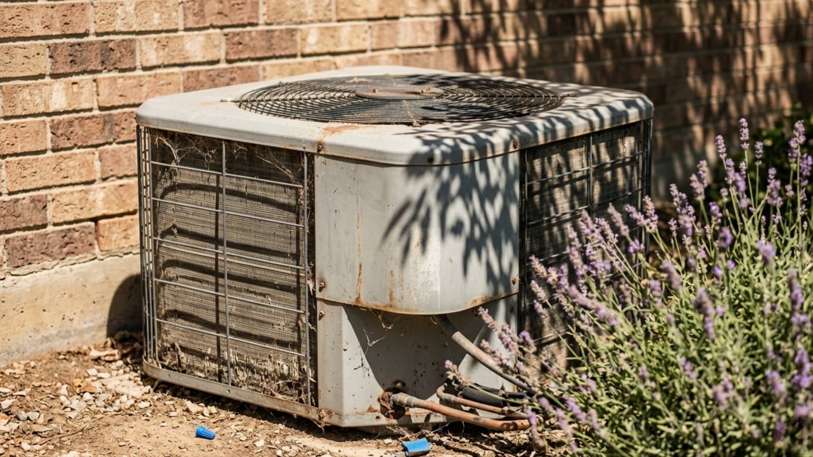 Neglected AC condenser caked with debris beside lavender bushes during a repair call at a brick home in West Jordan, Utah