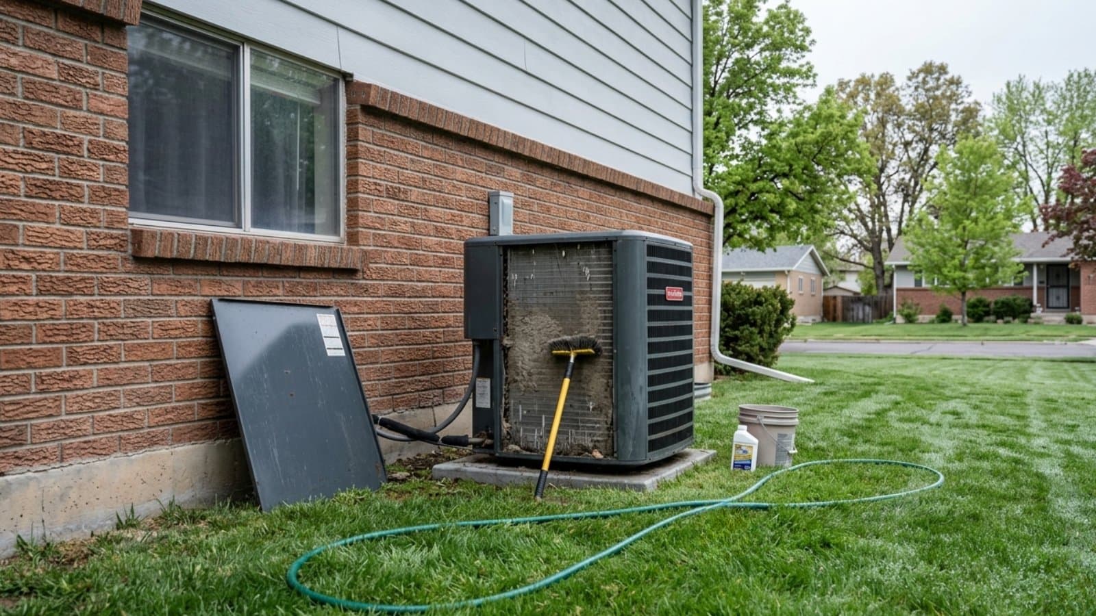 AC condenser with access panel removed and fin comb in place during a spring coil cleaning service at a brick home in West Valley City, Utah