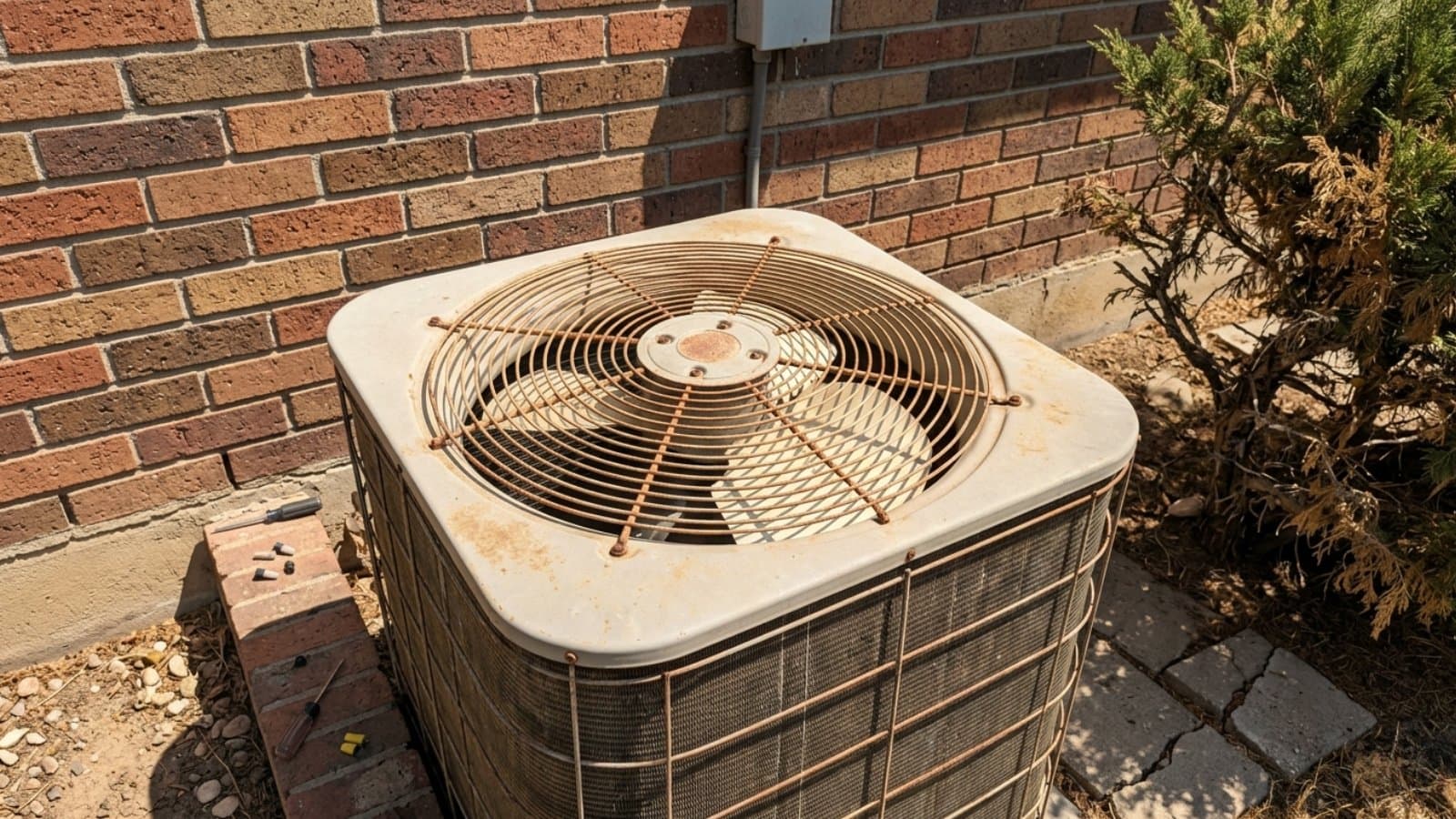 Close-up of a rusty older AC condenser awaiting repair against a brick wall with juniper shrubbery in West Valley City, Utah