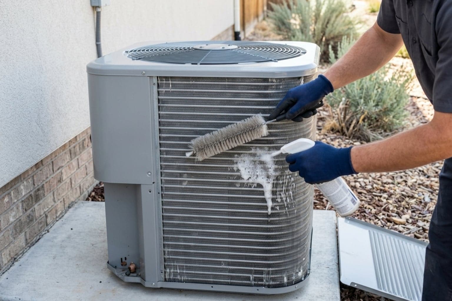 Partner technician cleaning outdoor condenser fins during a seasonal AC tune-up in Salt Lake City