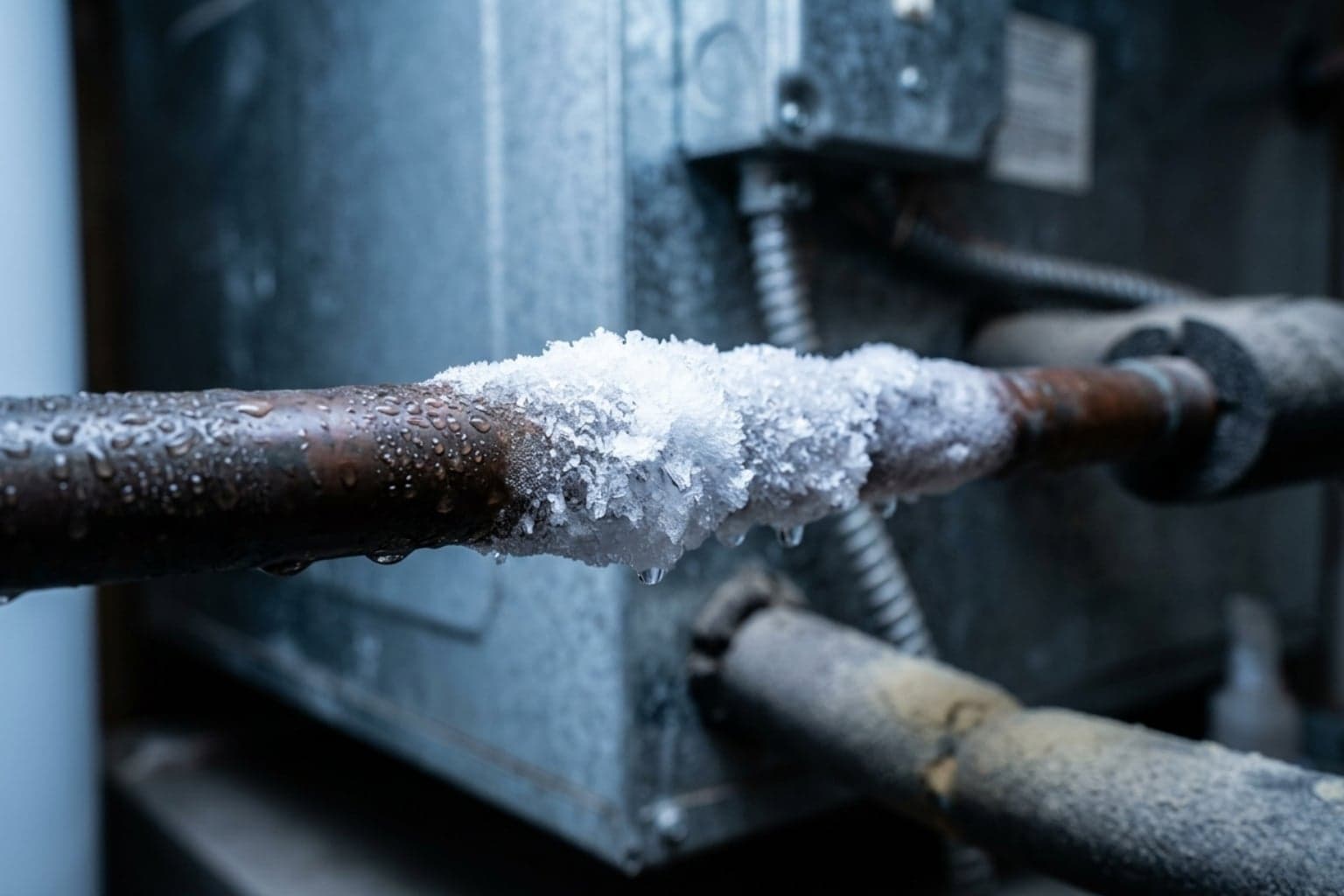 Iced-over AC refrigerant line discovered during a unit repair call in a Salt Lake City home