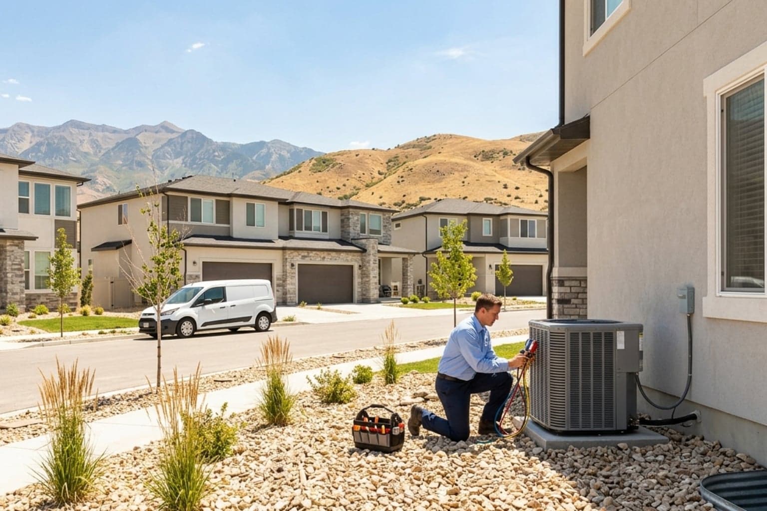 Herriman, Utah foothill home where an AC technician is repairing a condenser at a new build