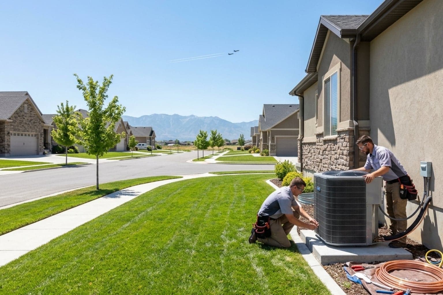 Layton, Utah newer home receiving a fresh central AC installation with mountain views