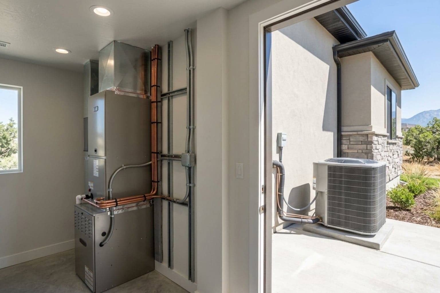 New central AC installation with fresh copper lineset running from indoor air handler to outdoor unit